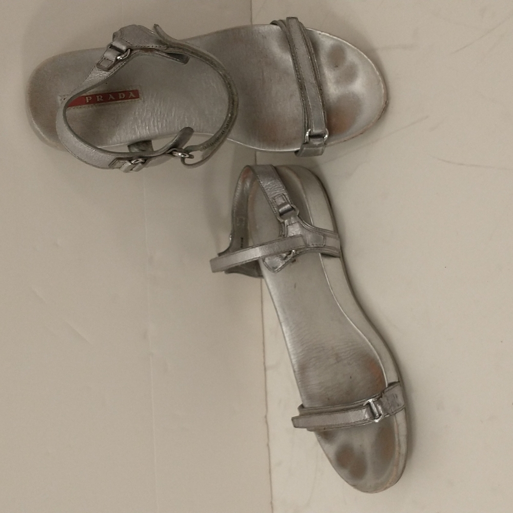 Prada Silver Sandals Very Worn Flat Strappy Adjustable marked 39 3X5005